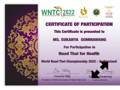 Certificate NTWC Nuad Thai for Health